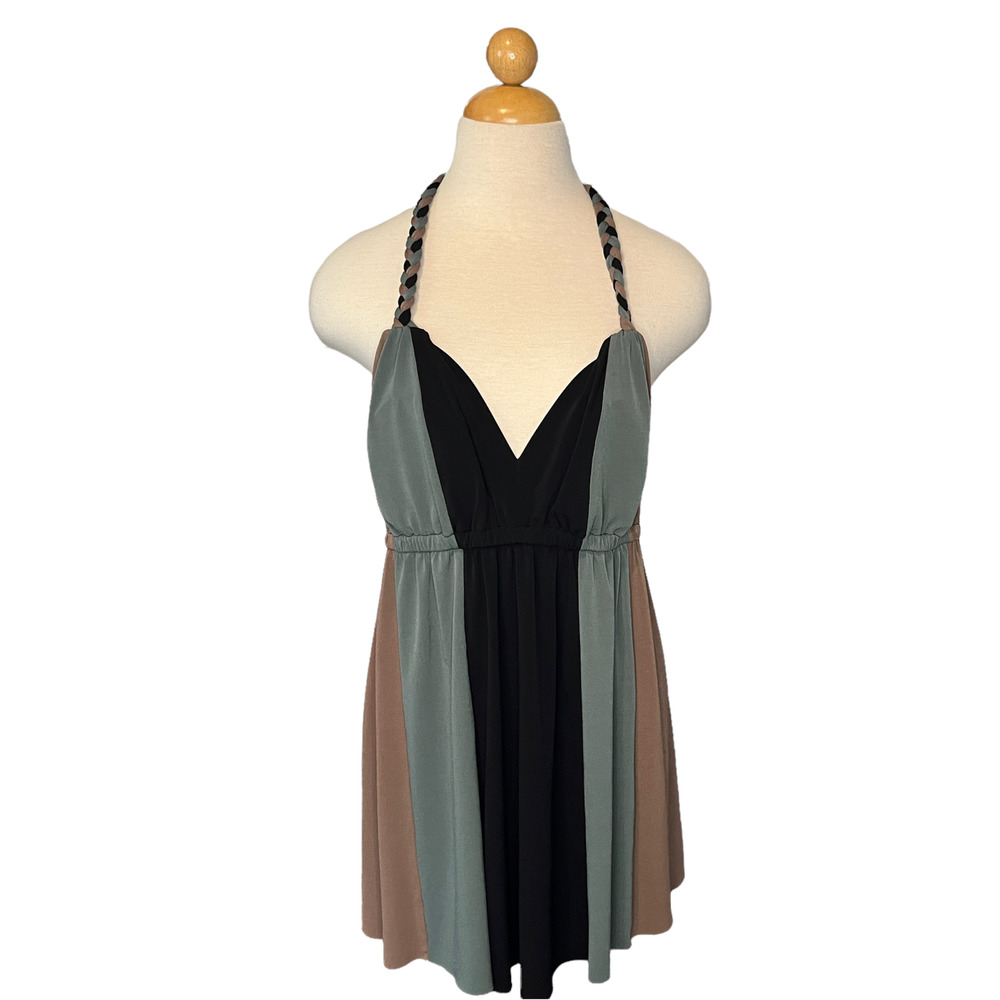 Black, green, brown color block halter top with braided tie size large